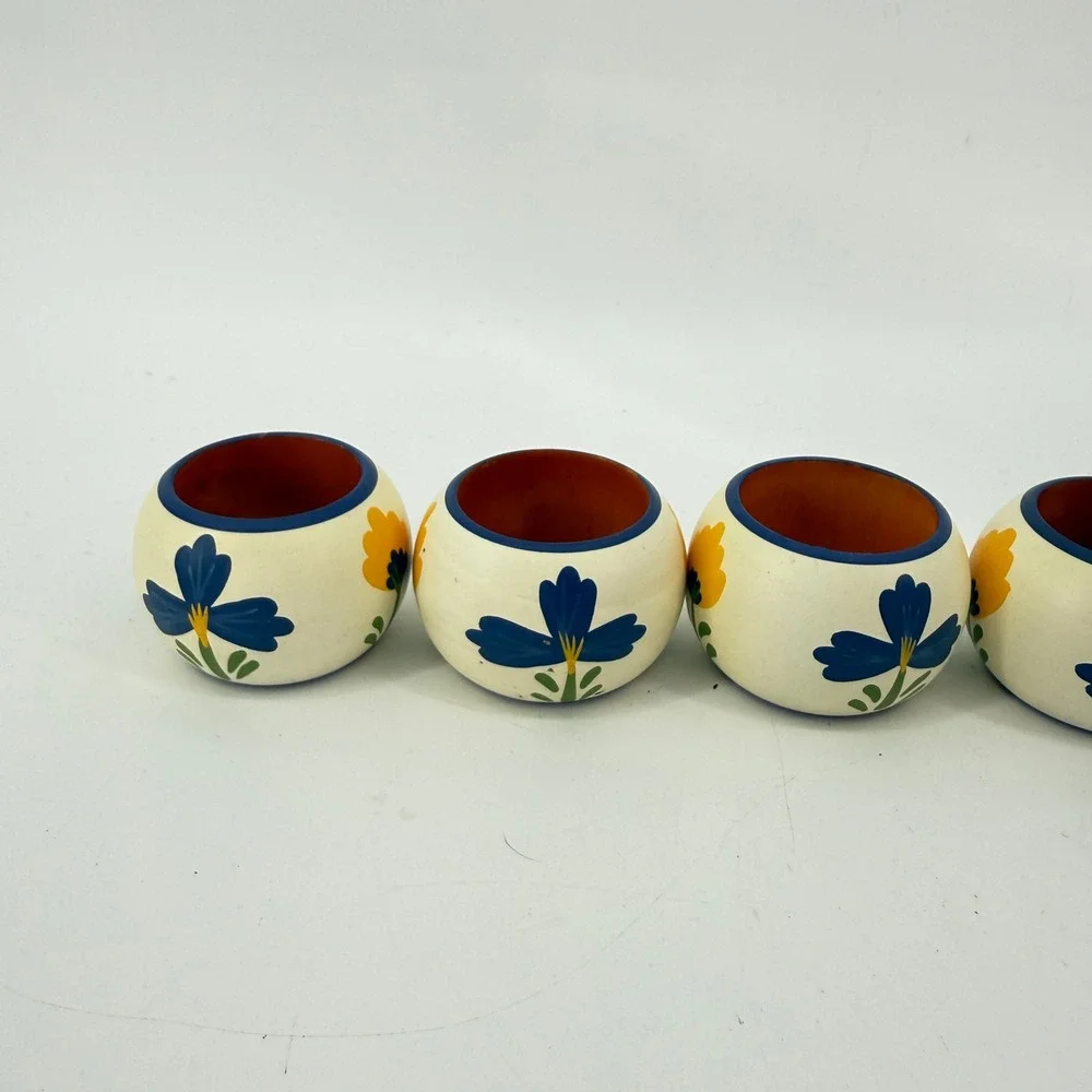 Vintage Floral Napkin Rings Set of 6 Cream Blue Yellow Hand Painted Ceramic